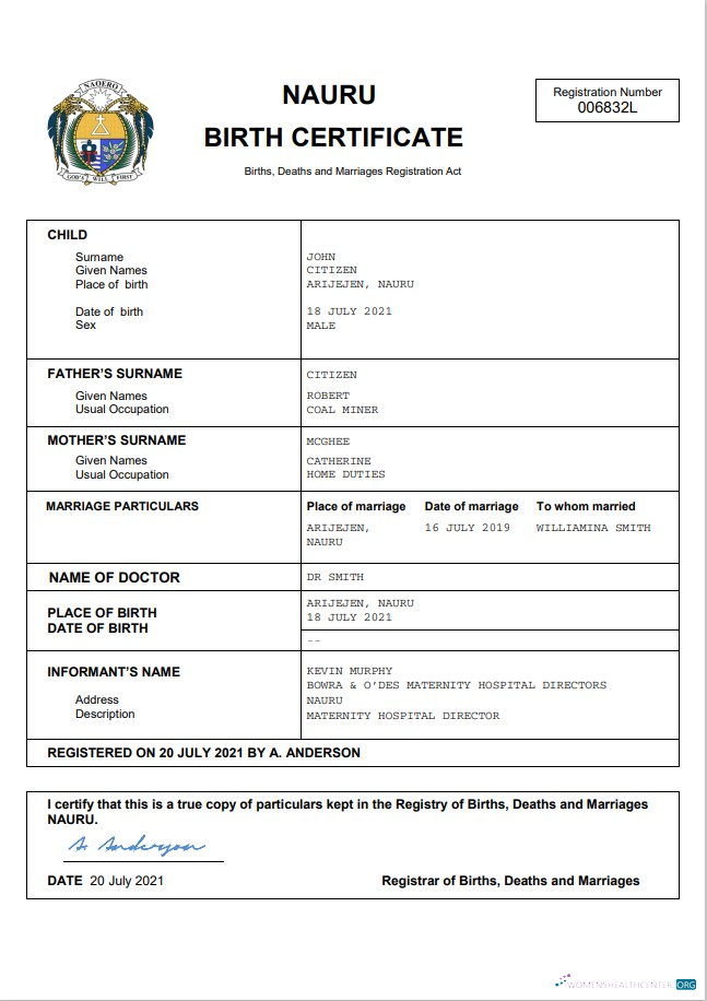 Download Nauru vital record birth certificate Word and PDF template Photoshop template